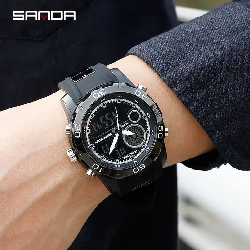Sanda Watch Waterproof Black Multifunctional Men's Electronic Wristwatch