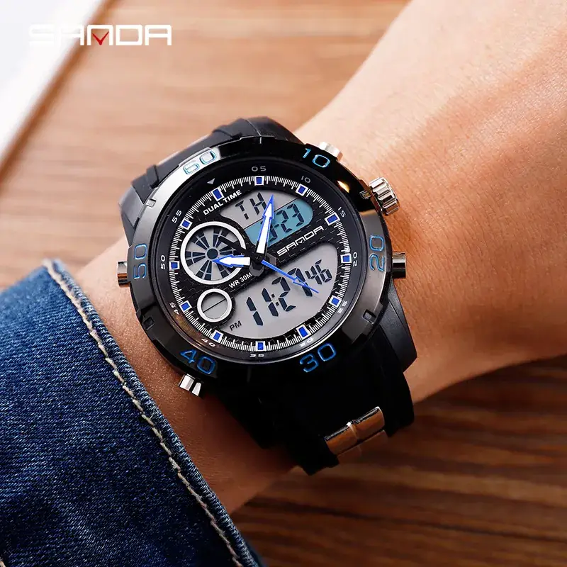 Sanda Watch Waterproof Black Multifunctional Men's Electronic Wristwatch