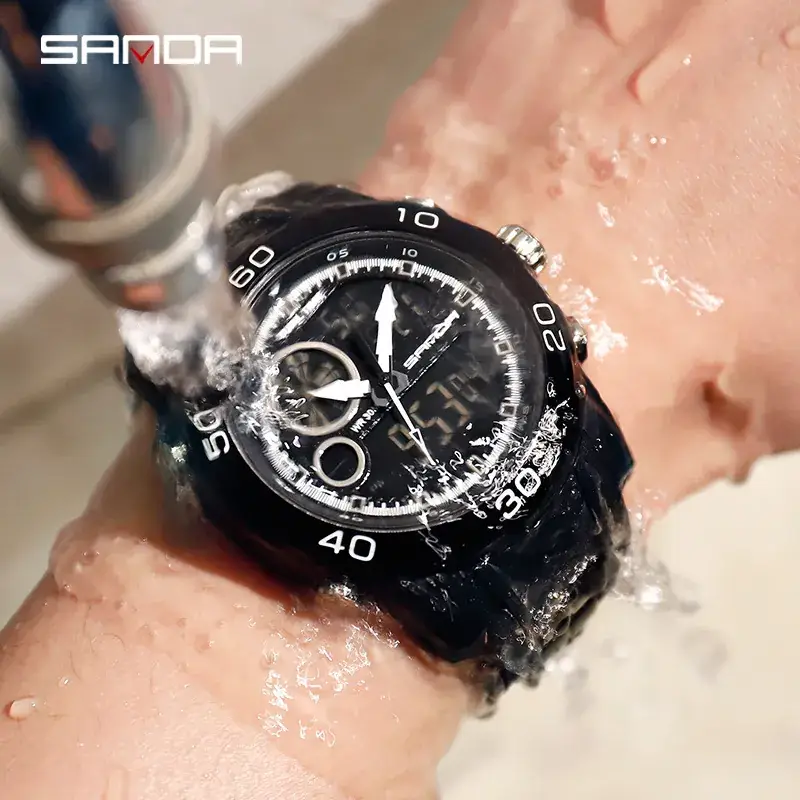 Sanda Watch Waterproof Black Multifunctional Men's Electronic Wristwatch