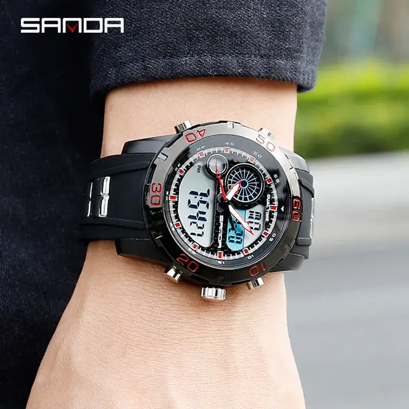 Sanda Watch Waterproof Black Multifunctional Men's Electronic Wristwatch