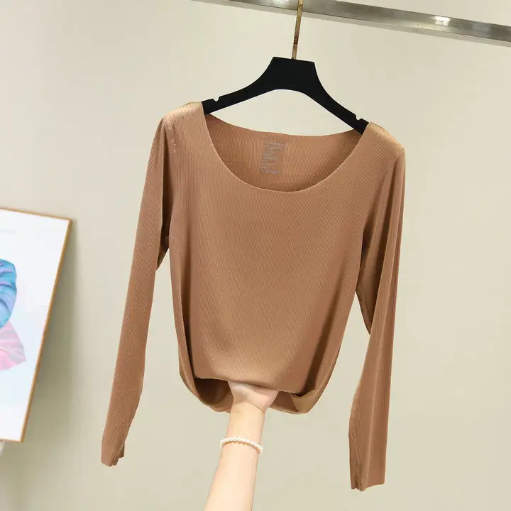 Grey Long Sleeve Round Neck T-Shirt for Women - Image 13