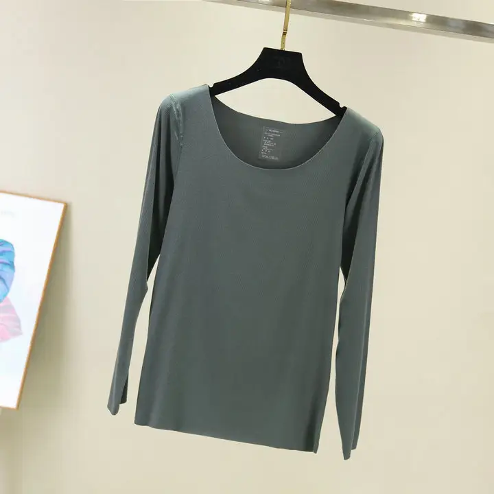 Grey Long Sleeve Round Neck T-Shirt for Women - Image 14