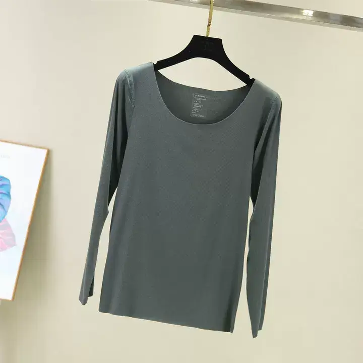 Grey Long Sleeve Round Neck T-Shirt for Women — feature 12