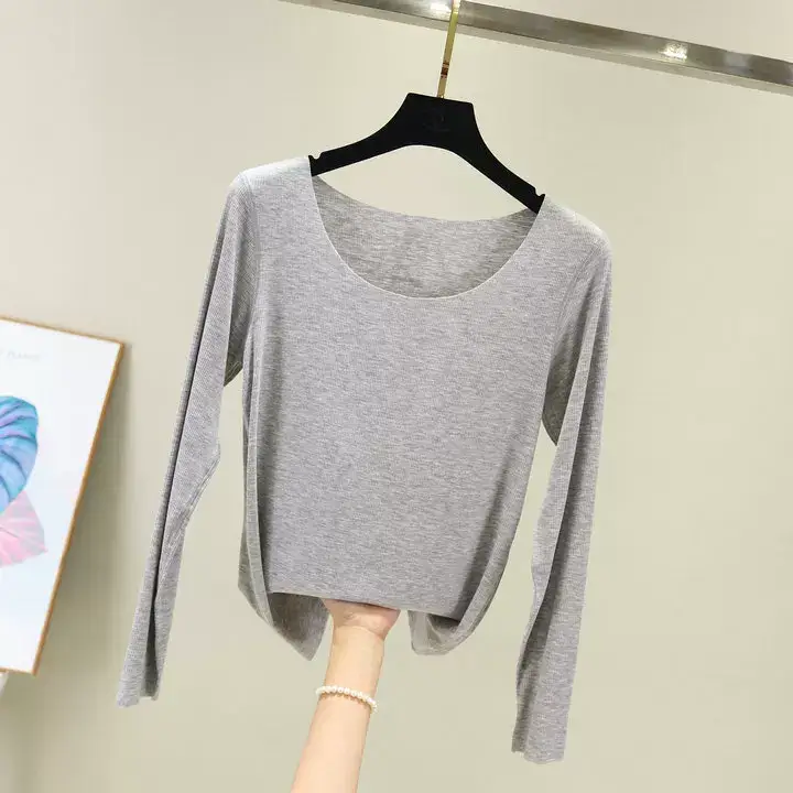 Grey Long Sleeve Round Neck T-Shirt for Women — feature 16