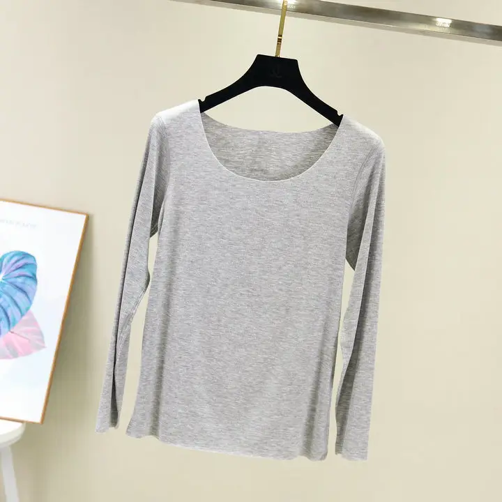 Grey Long Sleeve Round Neck T-Shirt for Women - Image 2
