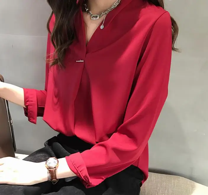 Women V-neck Long Sleeve Chiffon Shirt with Black Skirt & Boots - Image 7