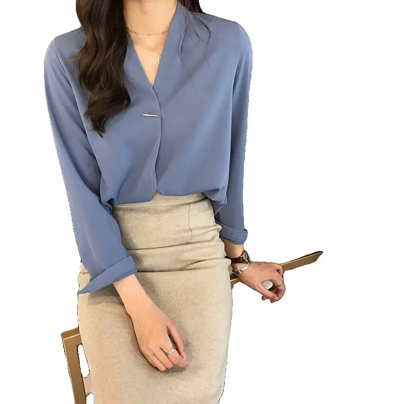 Women V-neck Long Sleeve Chiffon Shirt with Black Skirt & Boots - Image 9