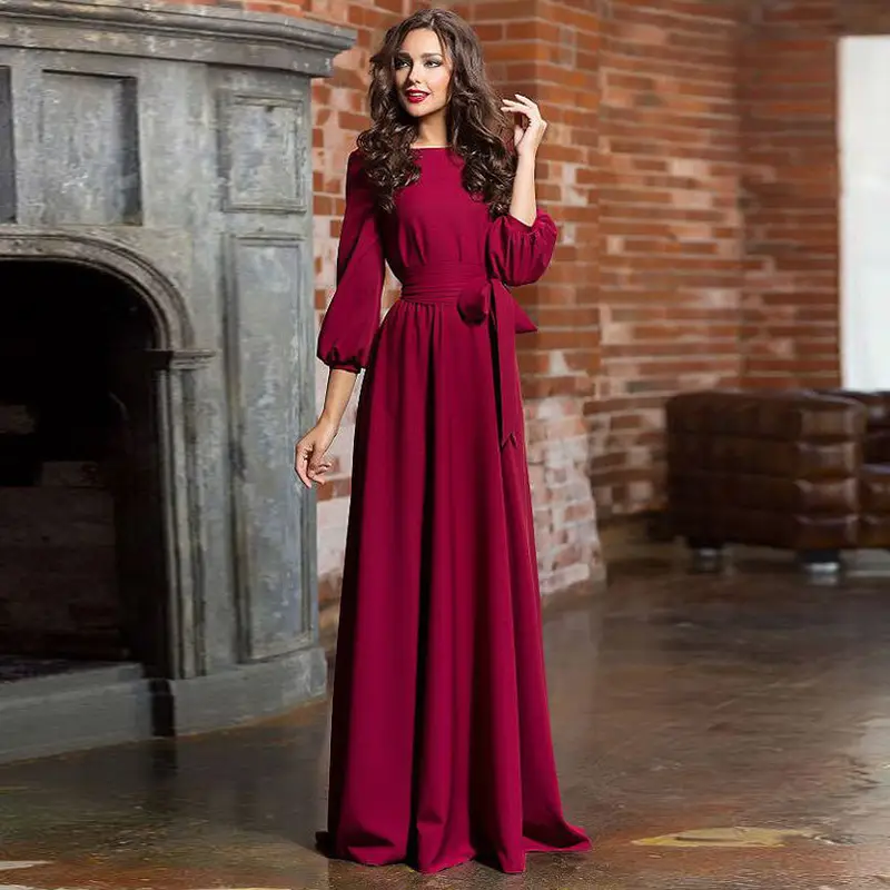 2019 Green Long Dress with Lantern Sleeves - Image 2