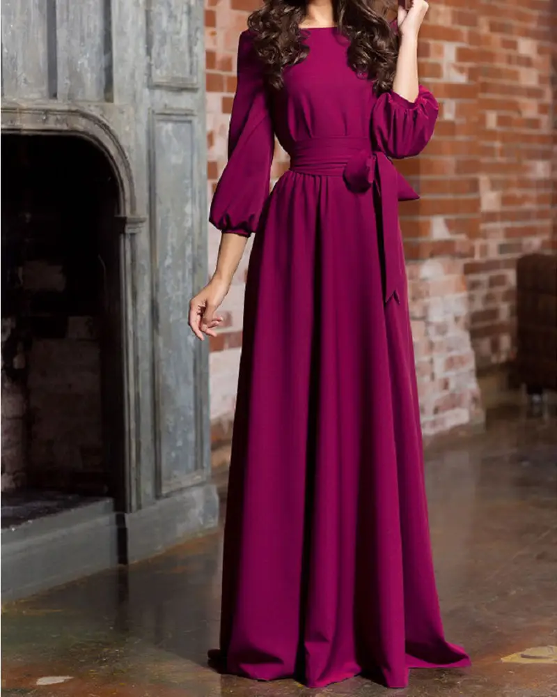2019 Green Long Dress with Lantern Sleeves - Image 3