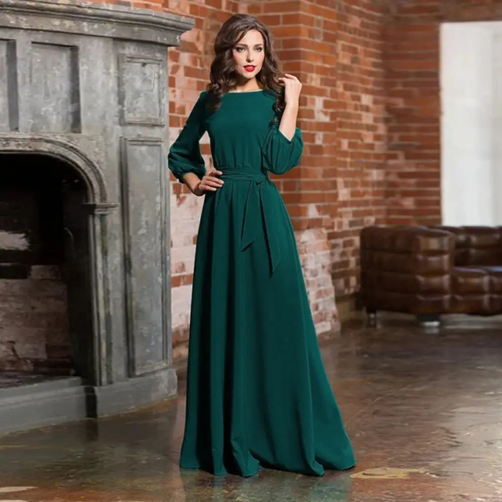 2019 Green Long Dress with Lantern Sleeves - Image 4