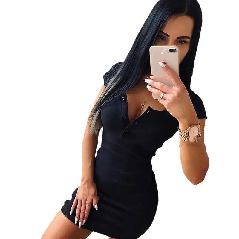 Red Tight-Fitting Women's Dress with Button Round Neck