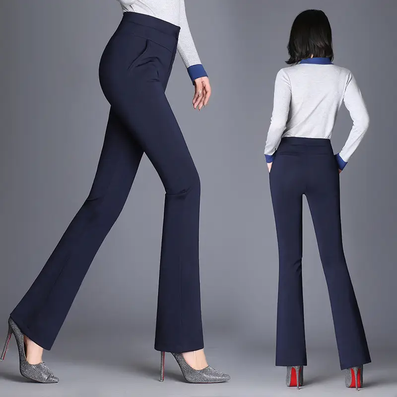 Women Flared Trousers Black Slim High Waist Straight Leg