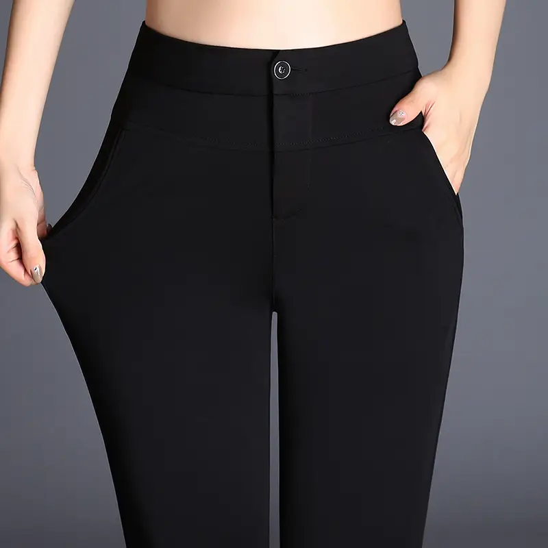 Women Flared Trousers Black Slim High Waist Straight Leg