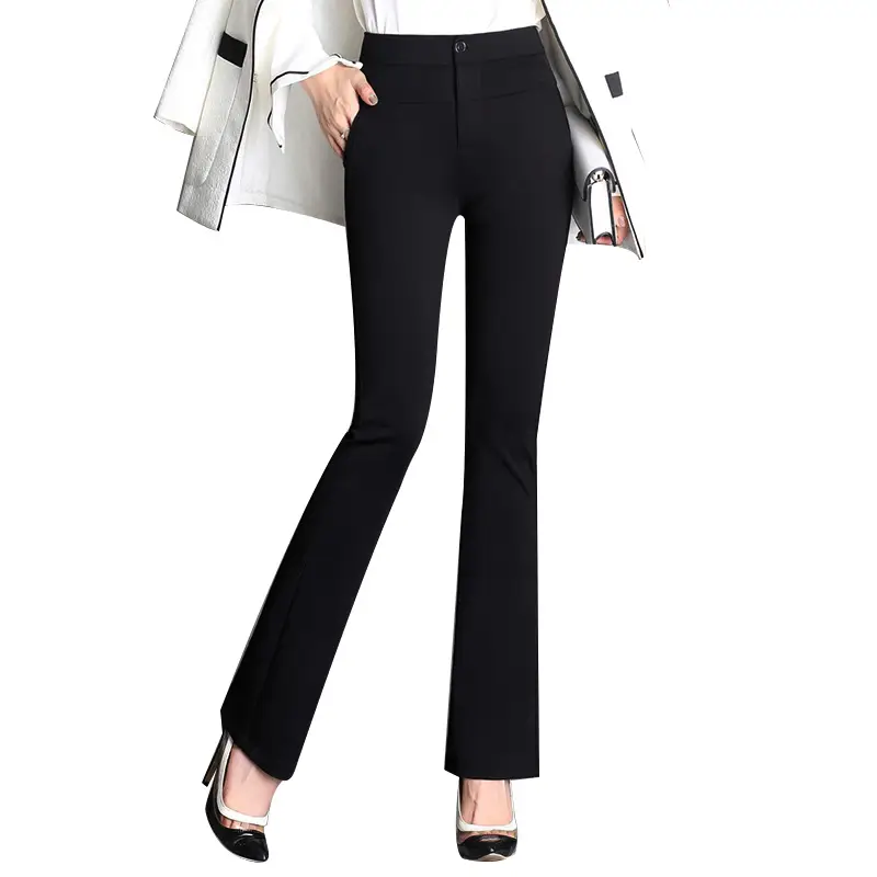 Women Flared Trousers Black Slim High Waist Straight Leg