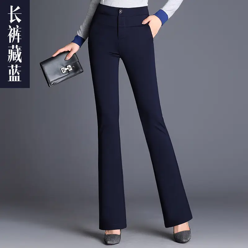 Women Flared Trousers Black Slim High Waist Straight Leg