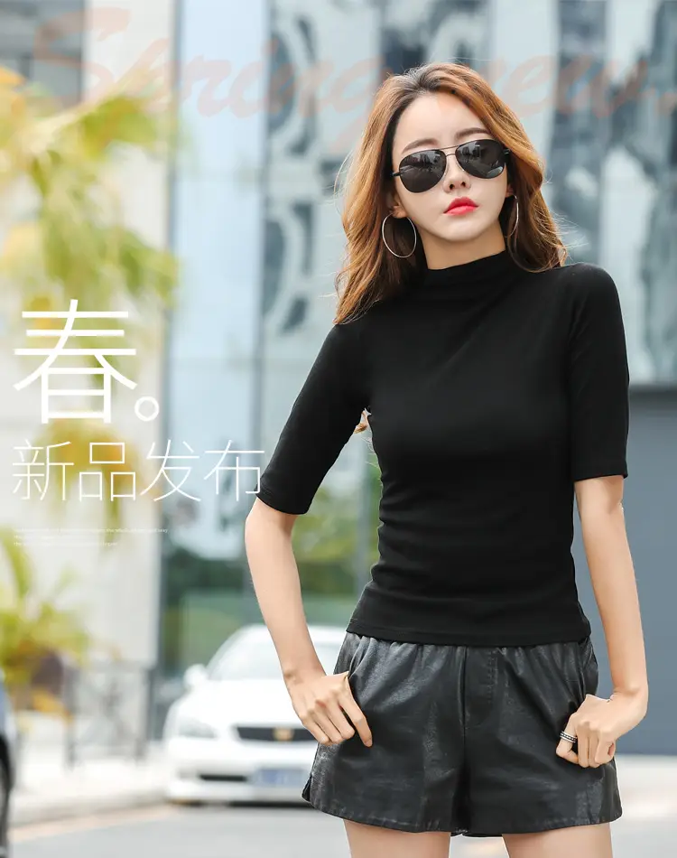 Women Slim Fit Blue Cotton T-Shirt Mid Sleeve Semi High Collar — feature 13