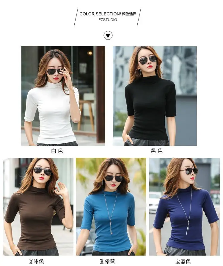 Women Slim Fit Blue Cotton T-Shirt Mid Sleeve Semi High Collar — feature 15