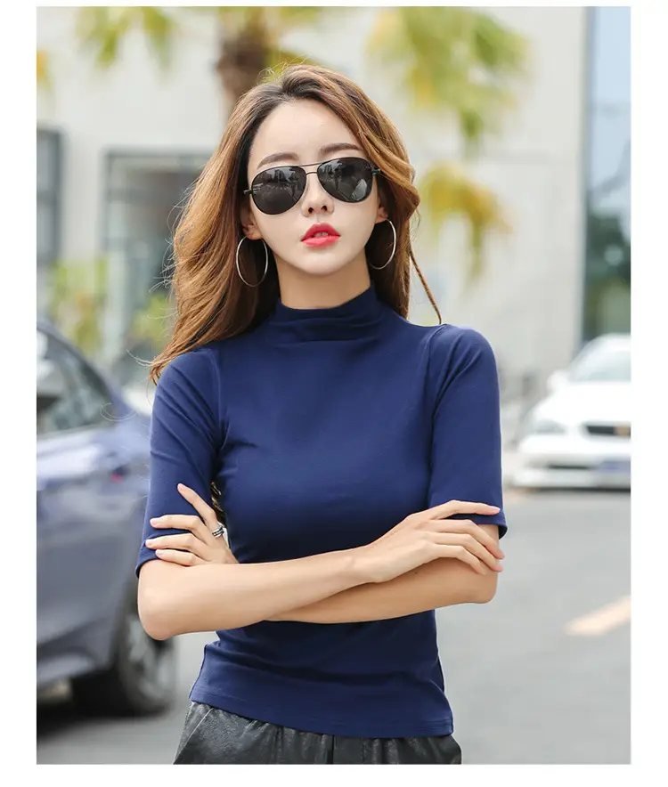 Women Slim Fit Blue Cotton T-Shirt Mid Sleeve Semi High Collar — feature 25