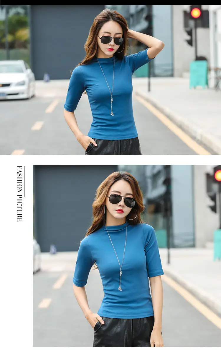 Women Slim Fit Blue Cotton T-Shirt Mid Sleeve Semi High Collar — feature 28