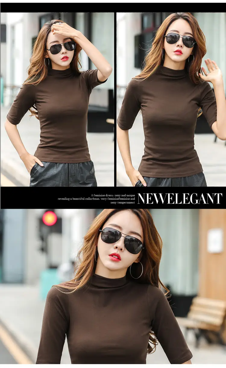 Women Slim Fit Blue Cotton T-Shirt Mid Sleeve Semi High Collar — feature 32