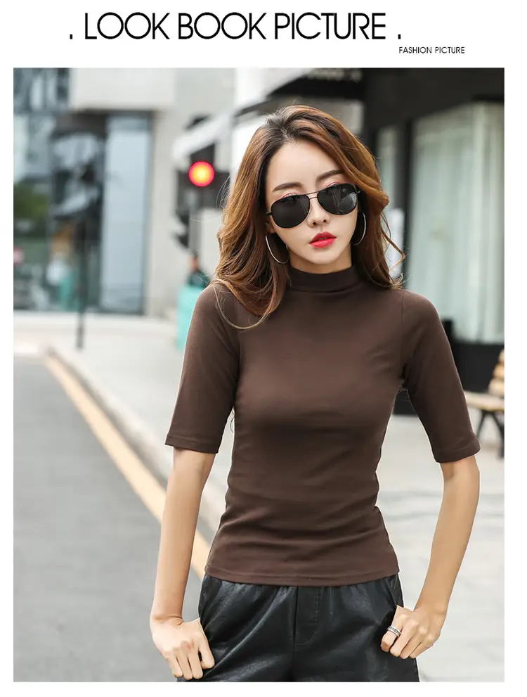 Women Slim Fit Blue Cotton T-Shirt Mid Sleeve Semi High Collar — feature 34