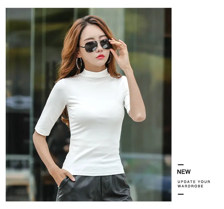 Women Slim Fit Blue Cotton T-Shirt Mid Sleeve Semi High Collar — feature 35
