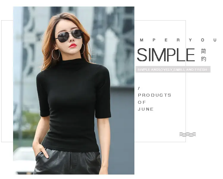 Women Slim Fit Blue Cotton T-Shirt Mid Sleeve Semi High Collar — feature 40