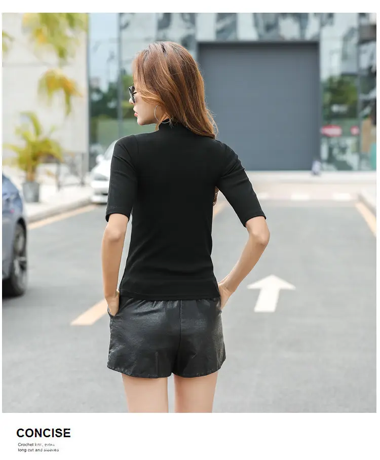 Women Slim Fit Blue Cotton T-Shirt Mid Sleeve Semi High Collar — feature 41