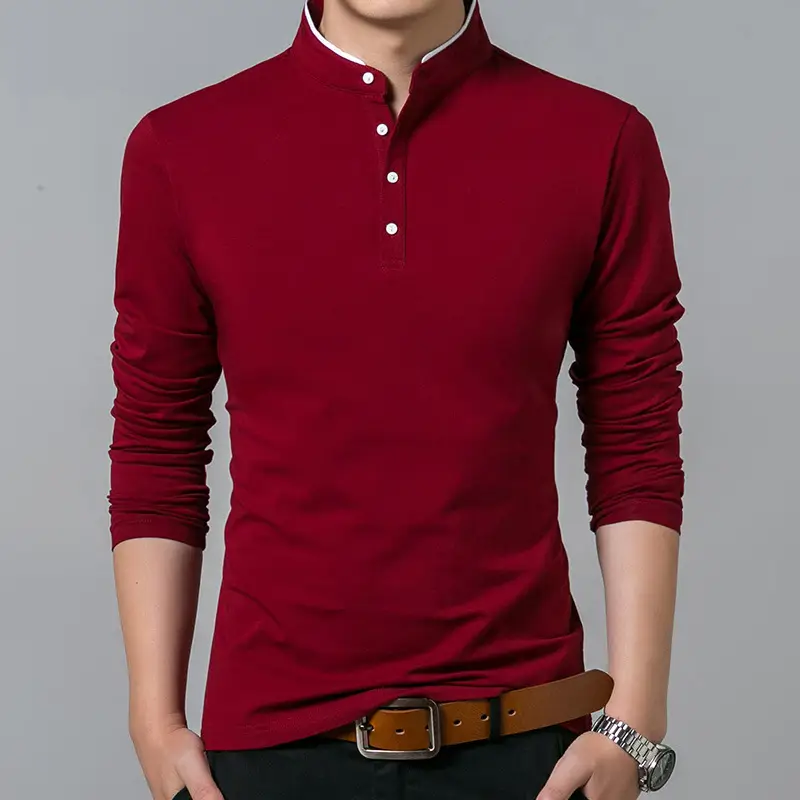 Men's Long Sleeve Cotton Polo Shirt Maroon Classic