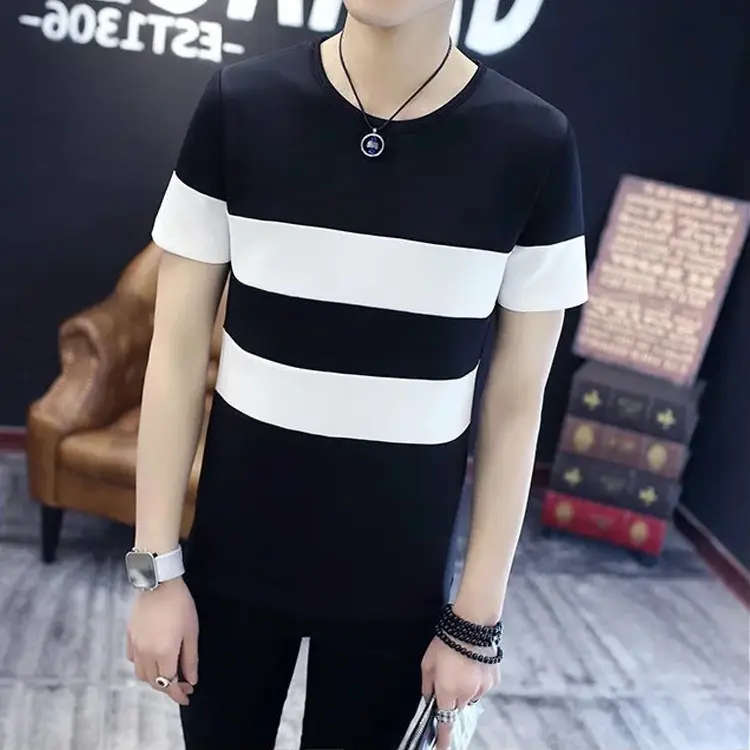 Men Black White Striped T-Shirt Short Sleeve Summer Wear