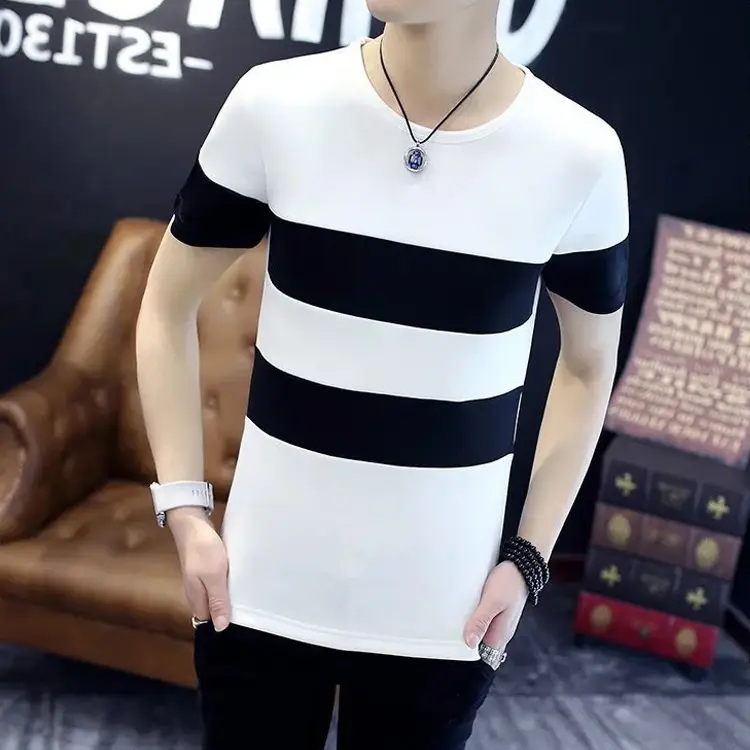 Men Black White Striped T-Shirt Short Sleeve Summer Wear