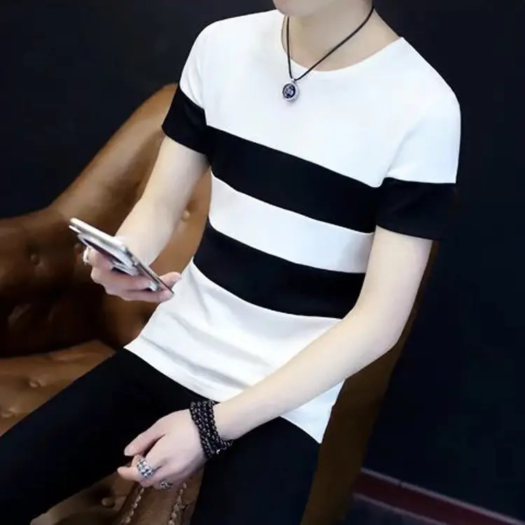 Men Black White Striped T-Shirt Short Sleeve Summer Wear