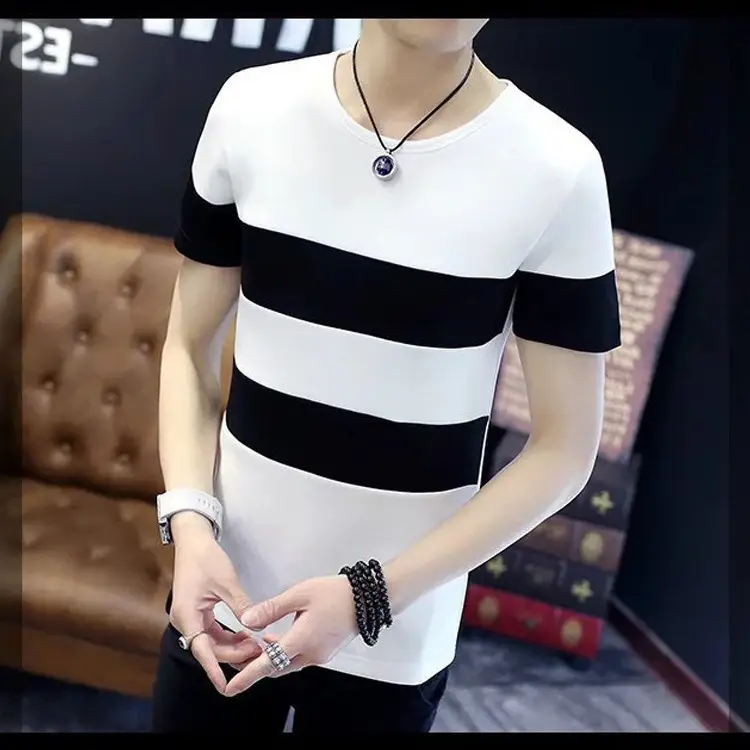 Men Black White Striped T-Shirt Short Sleeve Summer Wear