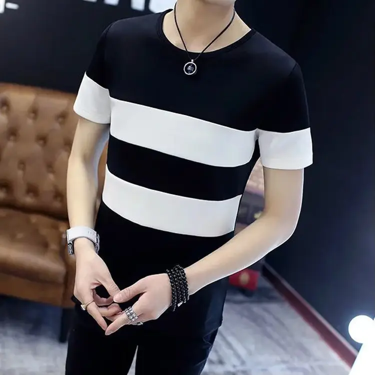 Men Black White Striped T-Shirt Short Sleeve Summer Wear