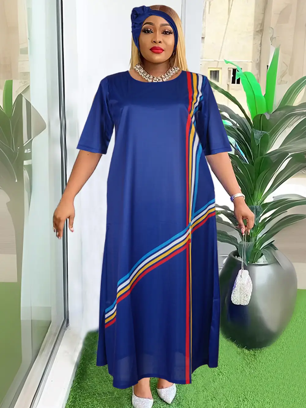 Women's Color Striped Long Dress with Headscarf - Image 8