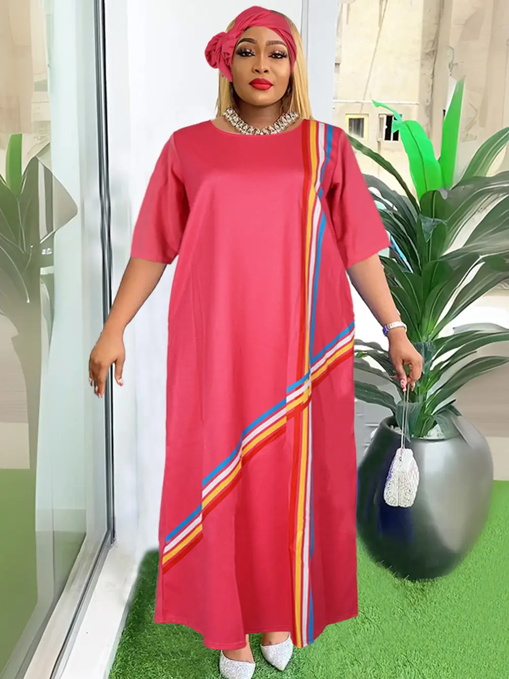 Women's Color Striped Long Dress with Headscarf - Image 9