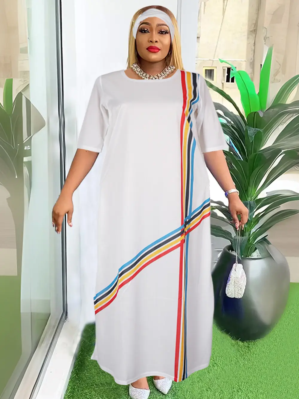 Women's Color Striped Long Dress with Headscarf - Image 10