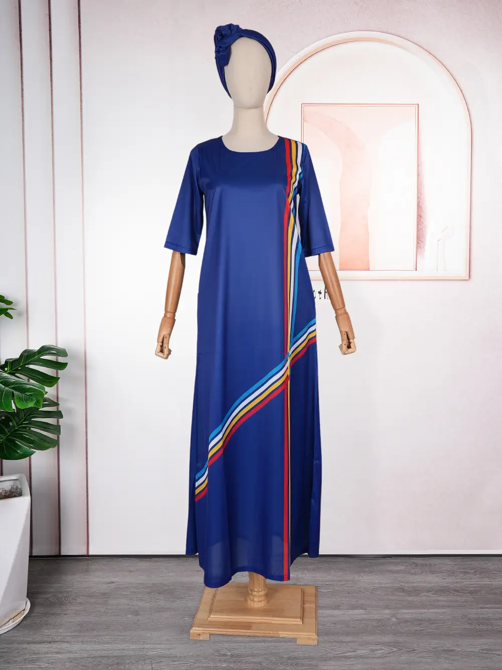 Women's Color Striped Long Dress with Headscarf - Image 2