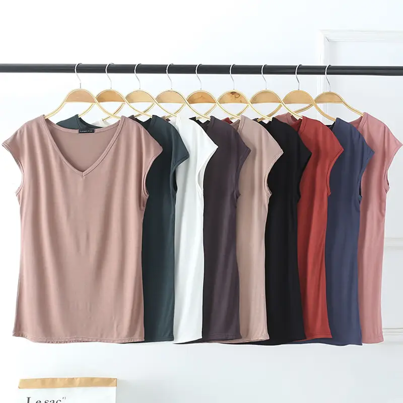 Women Sleeveless T-Shirt Red Solid Color V Neck Slim Fit - Image 11