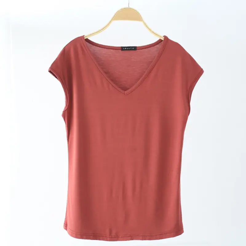 Women Sleeveless T-Shirt Red Solid Color V Neck Slim Fit - Image 13