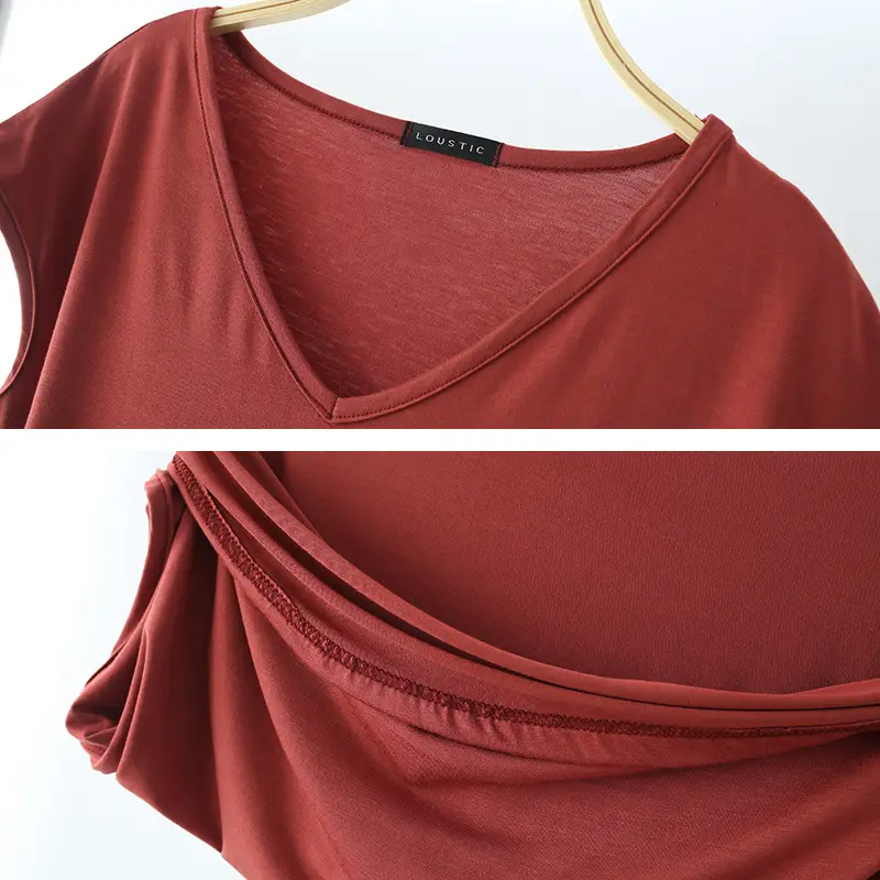 Women Sleeveless T-Shirt Red Solid Color V Neck Slim Fit - Image 14