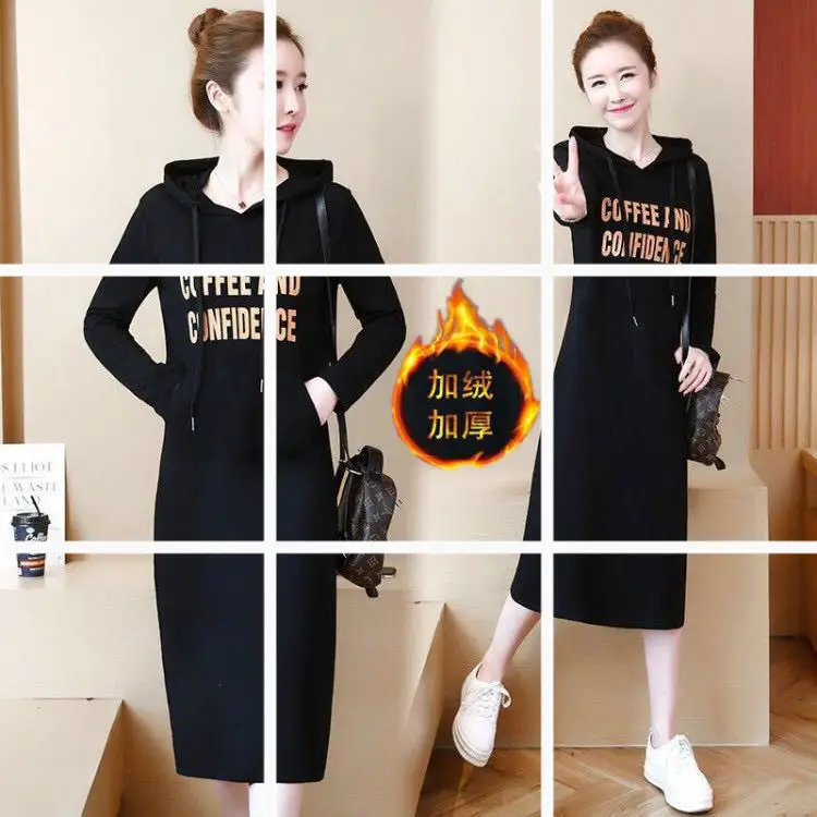 2019 Winter Hooded Fleece Dress Black Large - Image 3
