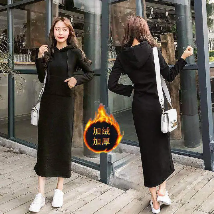 2019 Winter Hooded Fleece Dress Black Large - Image 2