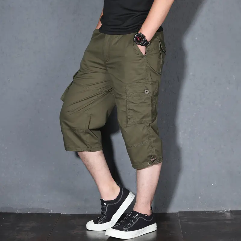Men's 2022 Summer Crop Pants Beige Multi-Pocket Casual - Image 5
