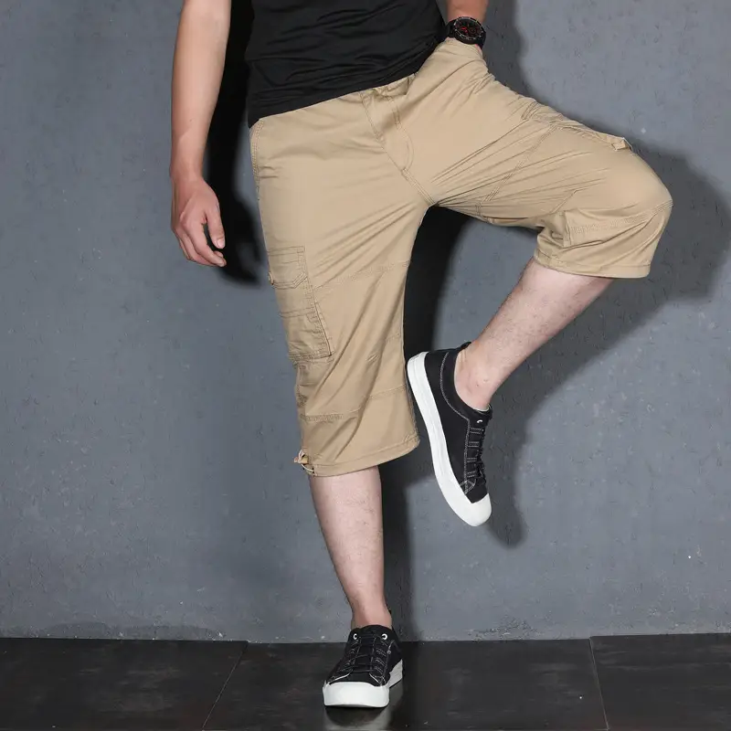 Men's 2022 Summer Crop Pants Beige Multi-Pocket Casual - Image 7