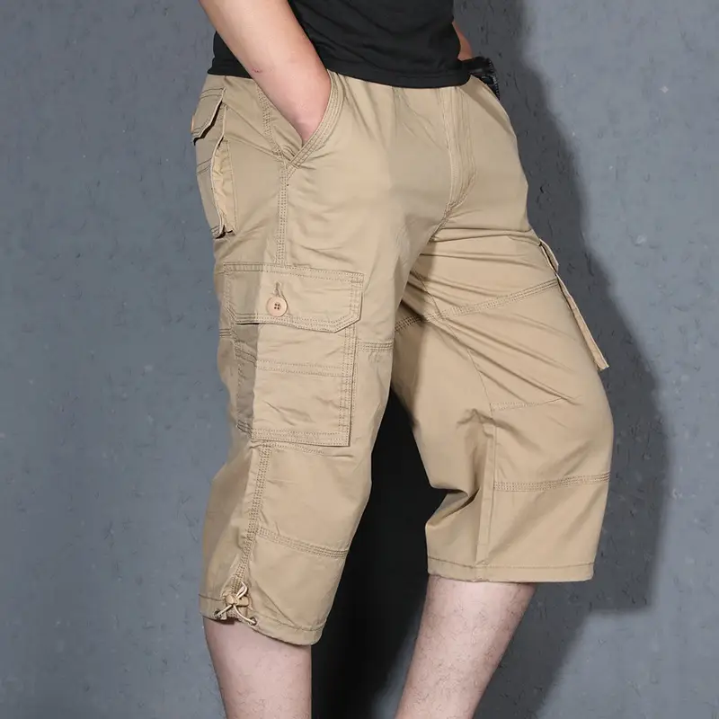 Men's 2022 Summer Crop Pants Beige Multi-Pocket Casual - Image 9
