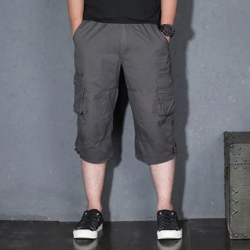 Men's 2022 Summer Crop Pants Beige Multi-Pocket Casual - Image 2