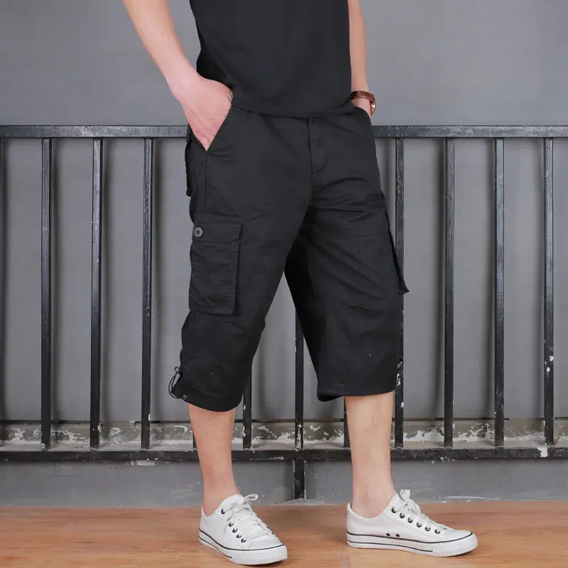 Men's 2022 Summer Crop Pants Beige Multi-Pocket Casual - Image 3