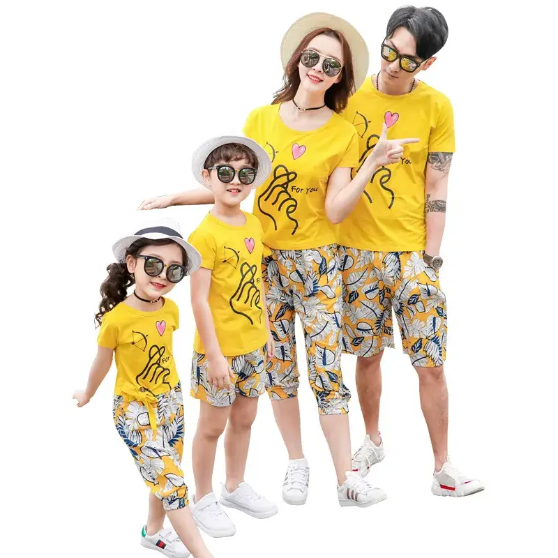 Parent-Child Summer T-Shirt Crop Pants Set Yellow Floral - Image 6