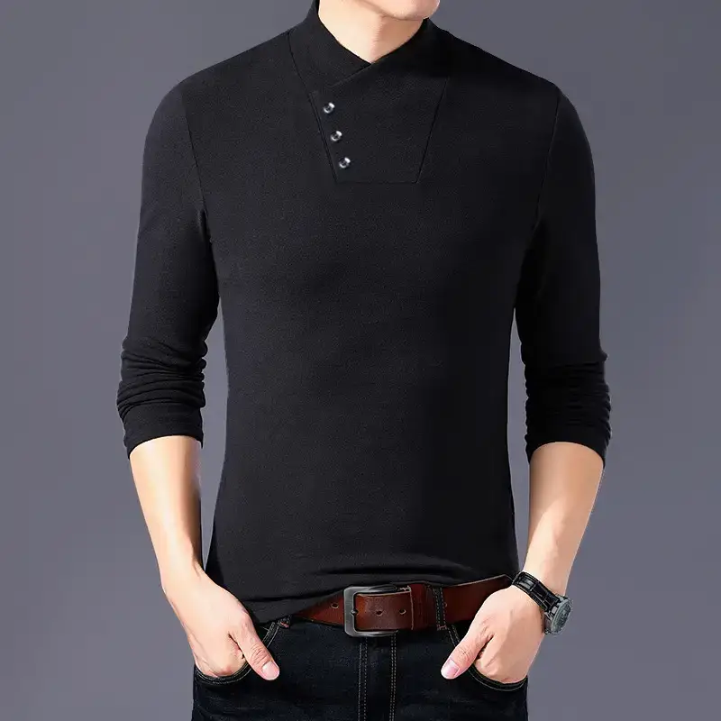 Men's Black Semi-High Collar Long Sleeve T-Shirt Large